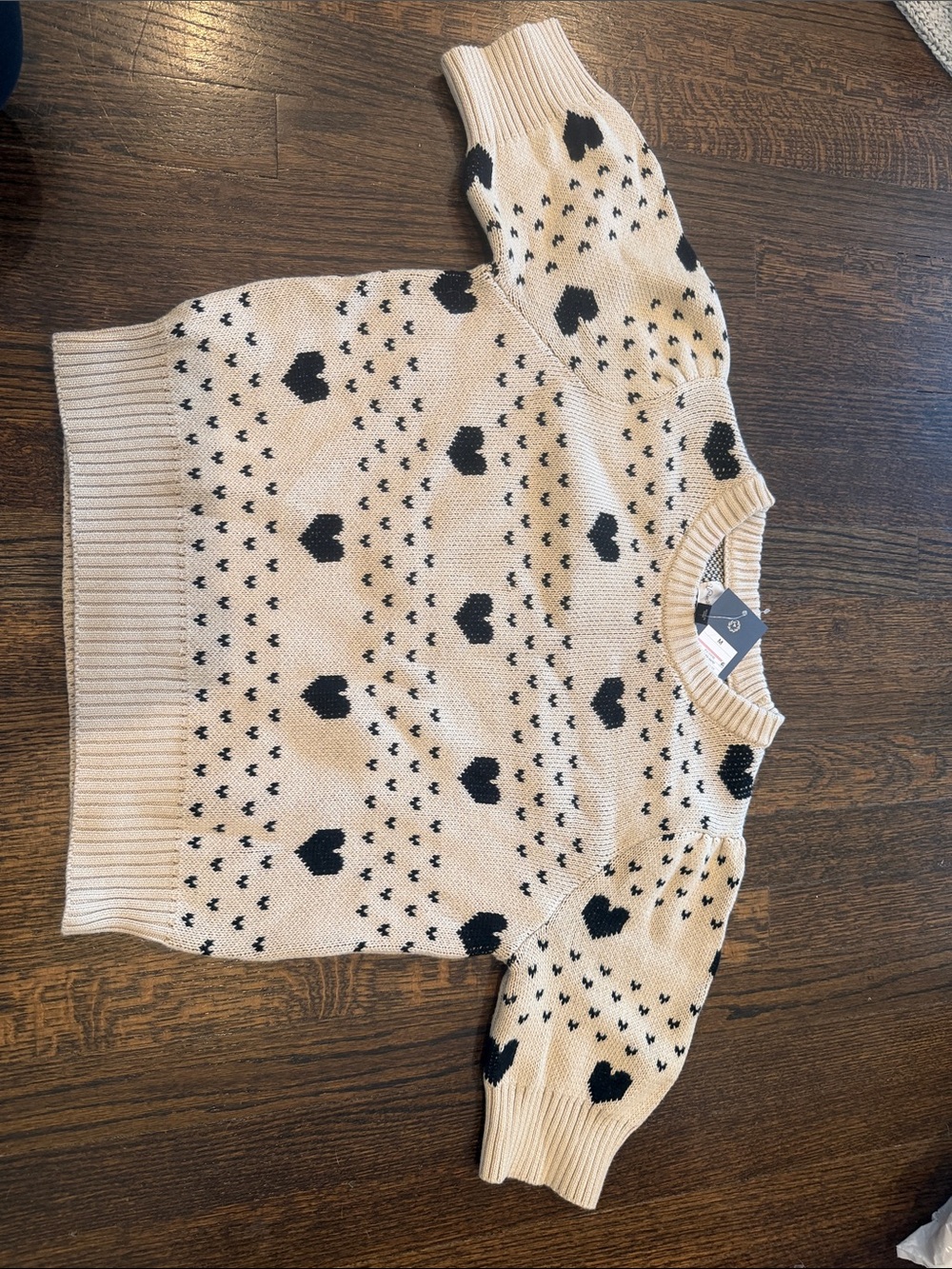 Universal Thread Beige Knit Crewneck Sweater with Black Heart Motif